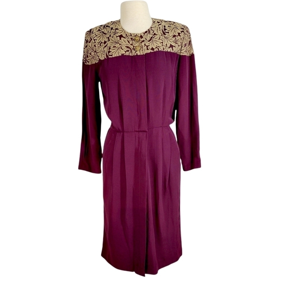 Vintage 80s Alexis Maroon & Gold Brocade Long Sleeved Blouson Dress